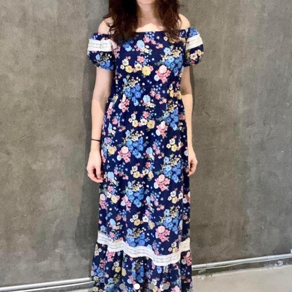 Vintage 70s 80s Prairie Floral Dress Lace Accents M - Picture 2 of 4